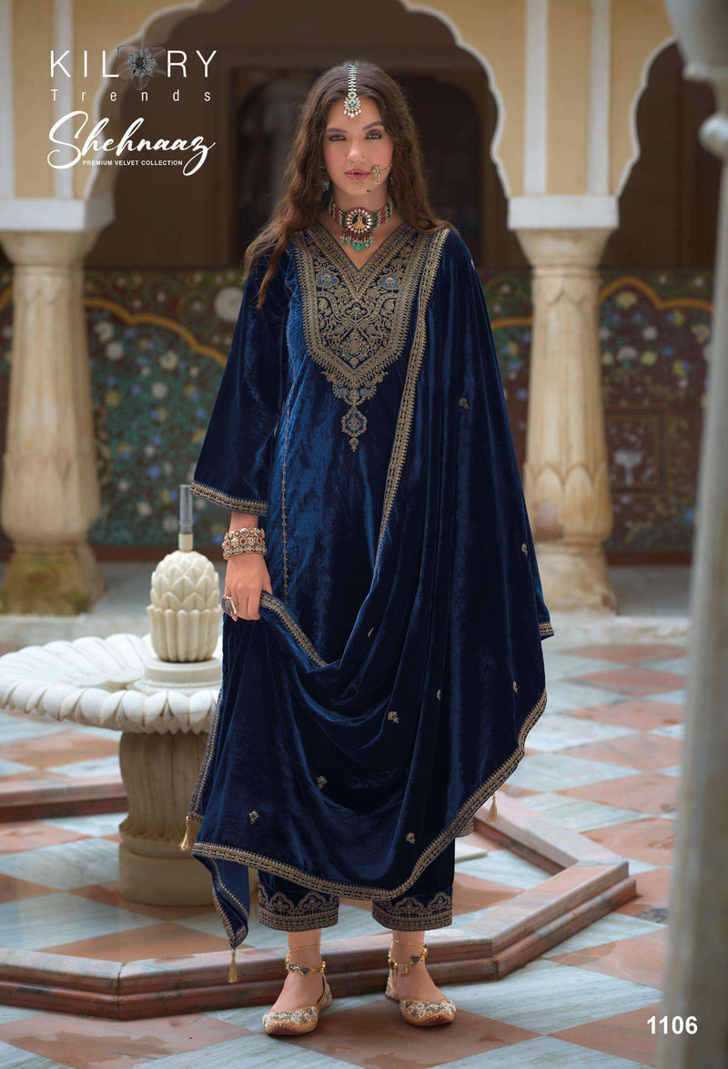 Kilory Trends Shehnaaz Velvet Coding Embroidery Work Suit