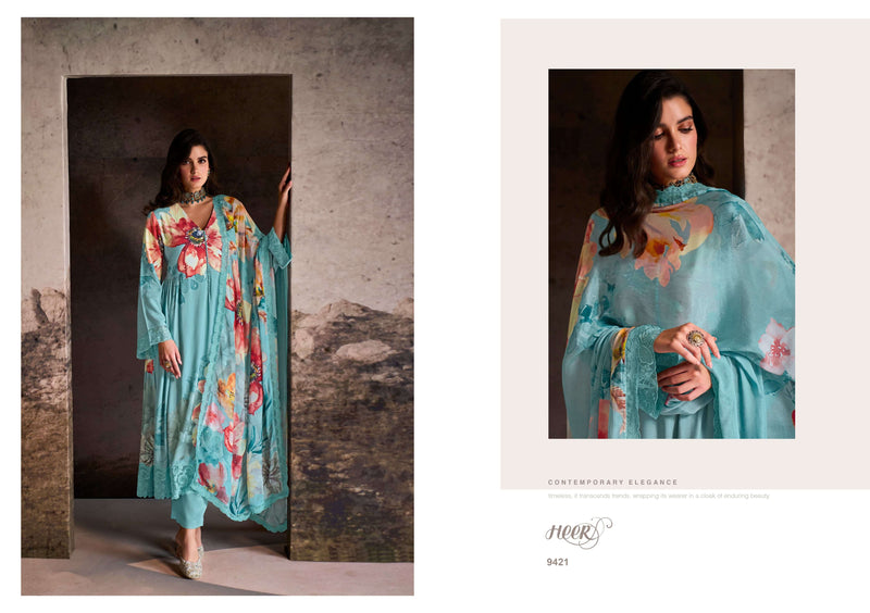 Heer Nilofer Muslin Digital Print Scalloped Resham Organza Embroidery Designer Party Wear Salwar Suit