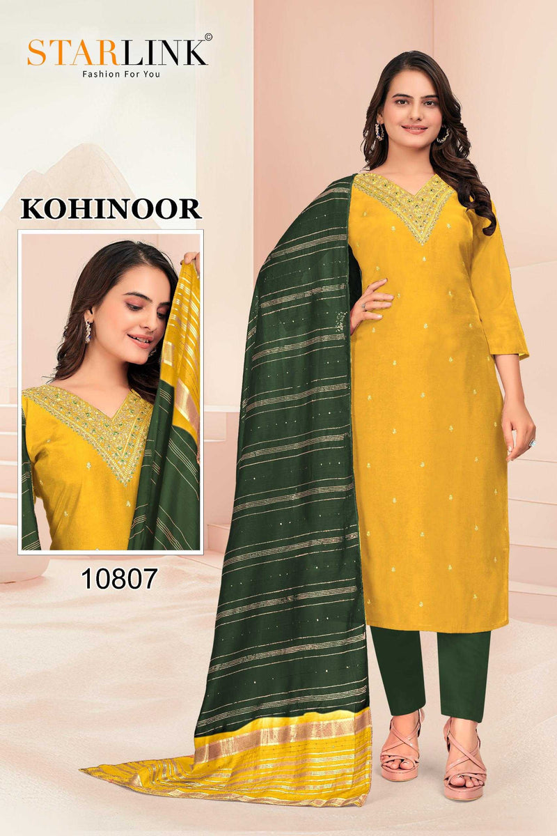 Starlink Kohinoor Chanderi With Inner Neck Embroidery Full Stich Party Wear Combo Set