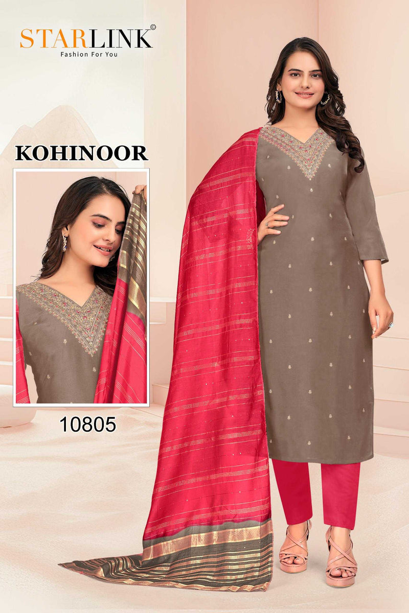 Starlink Kohinoor Chanderi With Inner Neck Embroidery Full Stich Party Wear Combo Set