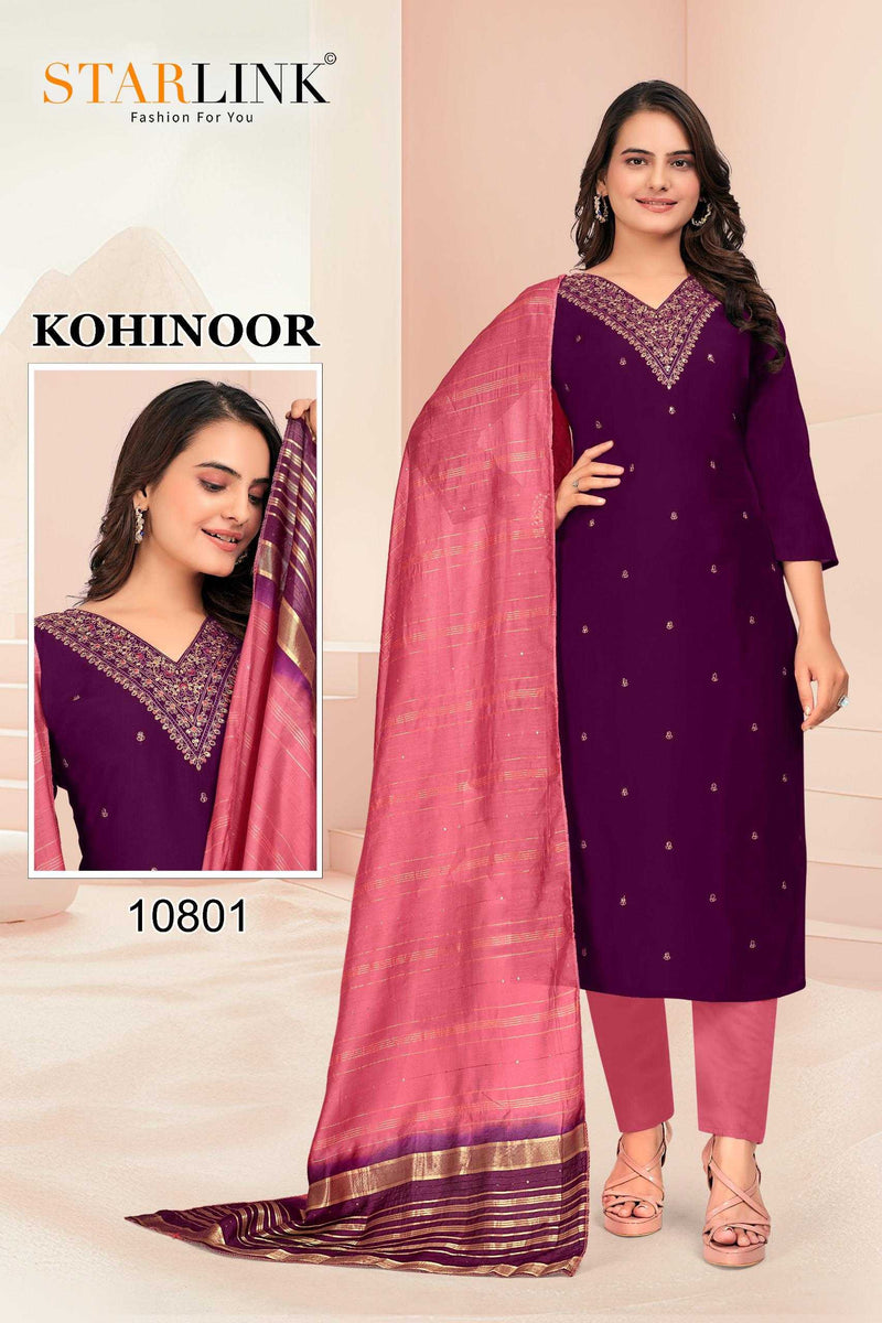 Starlink Kohinoor Chanderi With Inner Neck Embroidery Full Stich Party Wear Combo Set