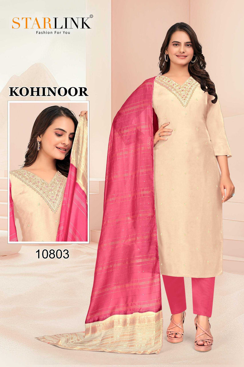 Starlink Kohinoor Chanderi With Inner Neck Embroidery Full Stich Party Wear Combo Set