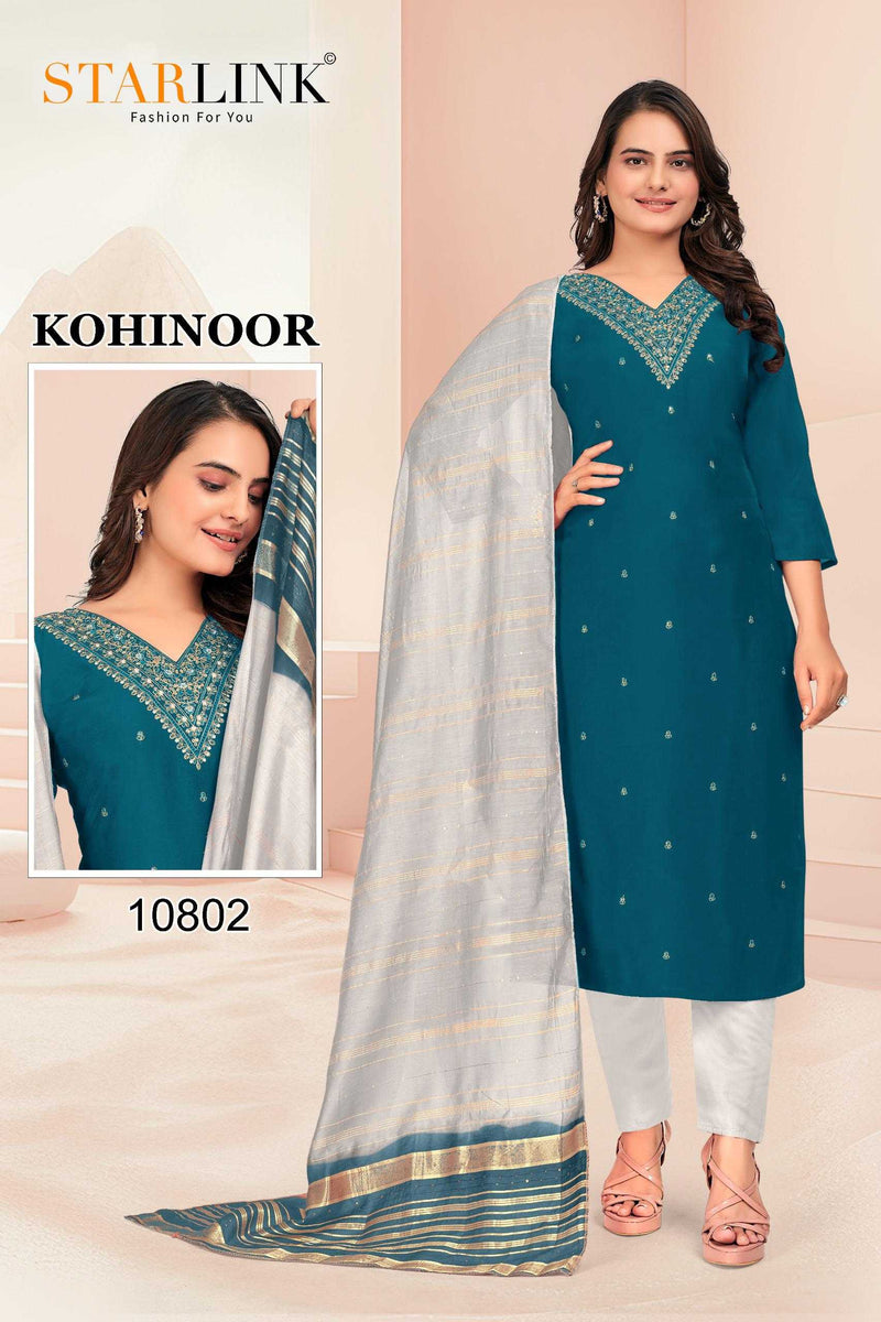 Starlink Kohinoor Chanderi With Inner Neck Embroidery Full Stich Party Wear Combo Set