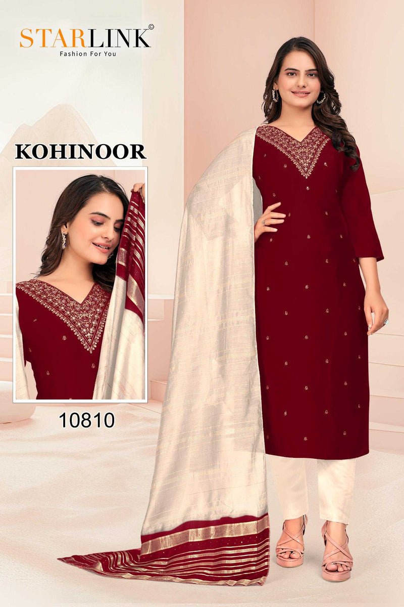 Starlink Kohinoor Chanderi With Inner Neck Embroidery Full Stich Party Wear Combo Set