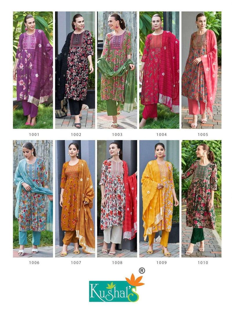 Kushals Morni Rayon Alia Embroidery And Naira Cut Pattern Kurti With Pant Dupatta Set