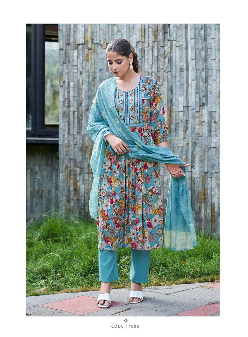 Kushals Morni Rayon Alia Embroidery And Naira Cut Pattern Kurti With Pant Dupatta Set