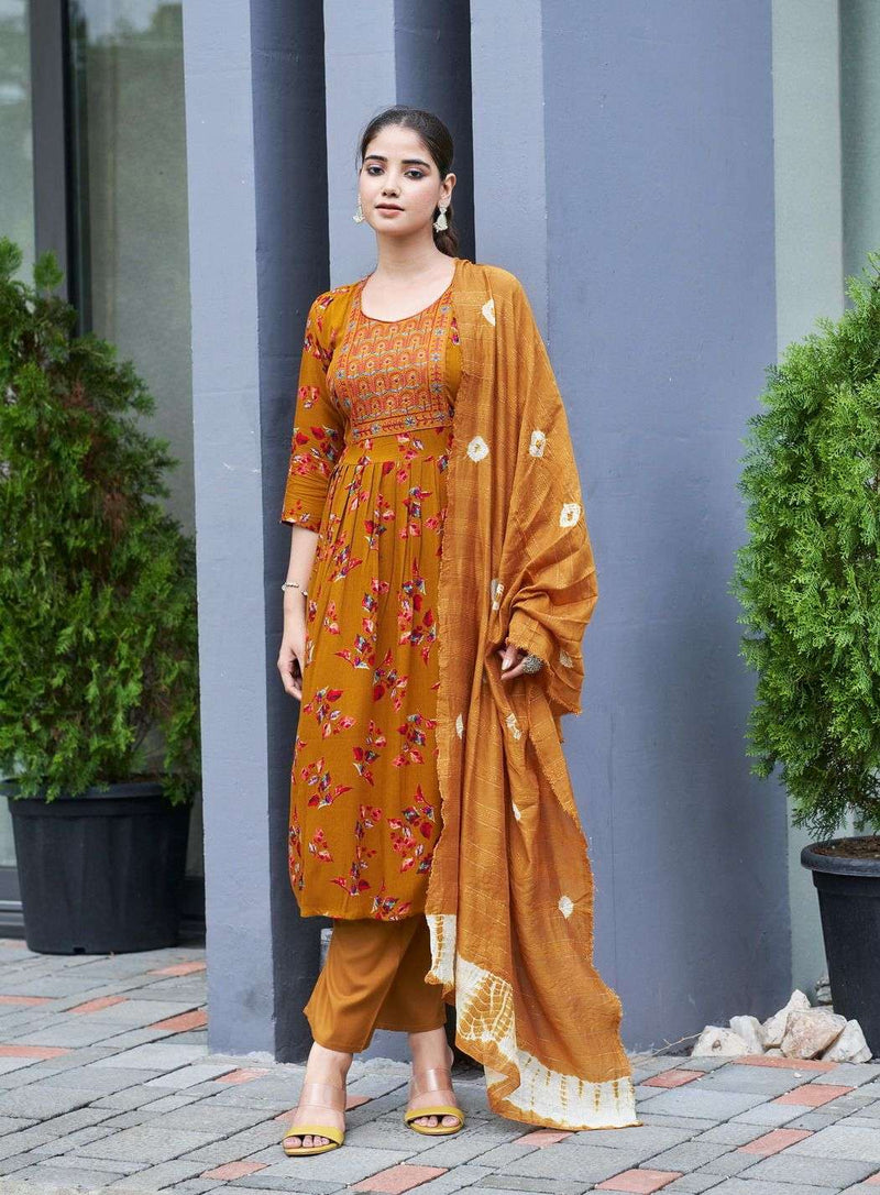 Kushals Morni Rayon Alia Embroidery And Naira Cut Pattern Kurti With Pant Dupatta Set