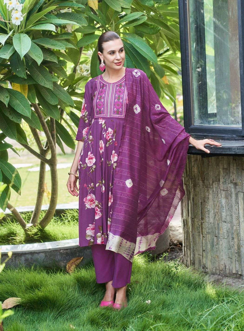 Kushals Morni Rayon Alia Embroidery And Naira Cut Pattern Kurti With Pant Dupatta Set