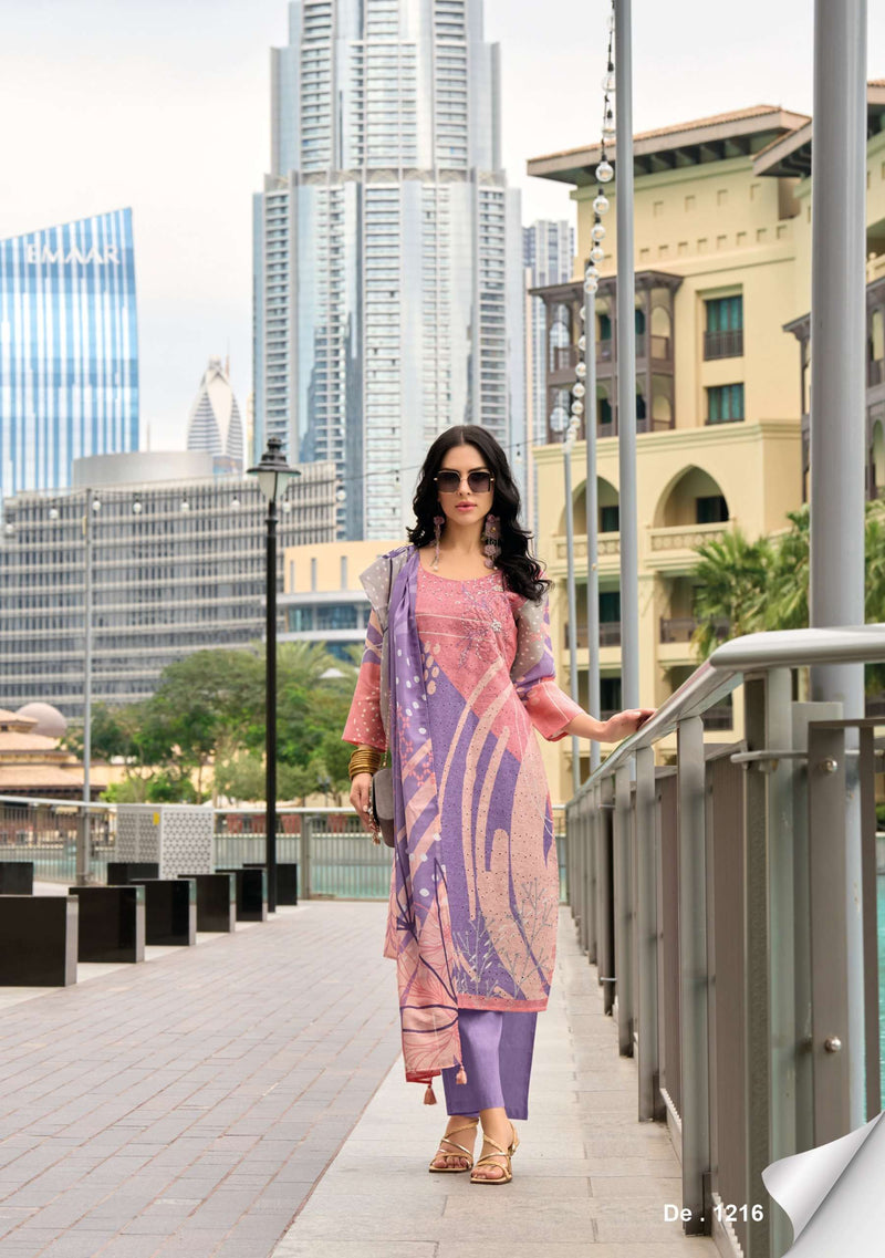 Lady Leela Summer Pastels Linen Schiffli Work With Handwork Kurti Pant Dupatta Set