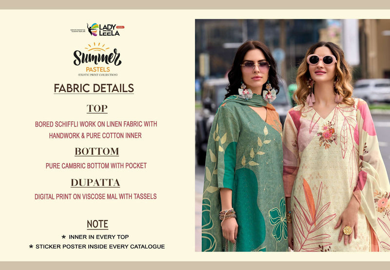 Lady Leela Summer Pastels Linen Schiffli Work With Handwork Kurti Pant Dupatta Set