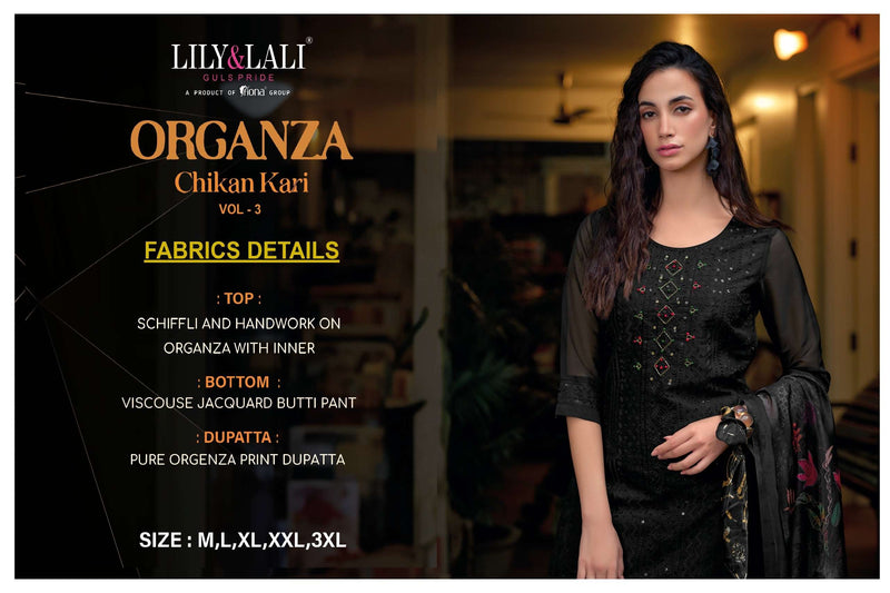 Lily And Lali Organza Chikankari Vol 3 Party Wear Kurti Pant Dupatta Set