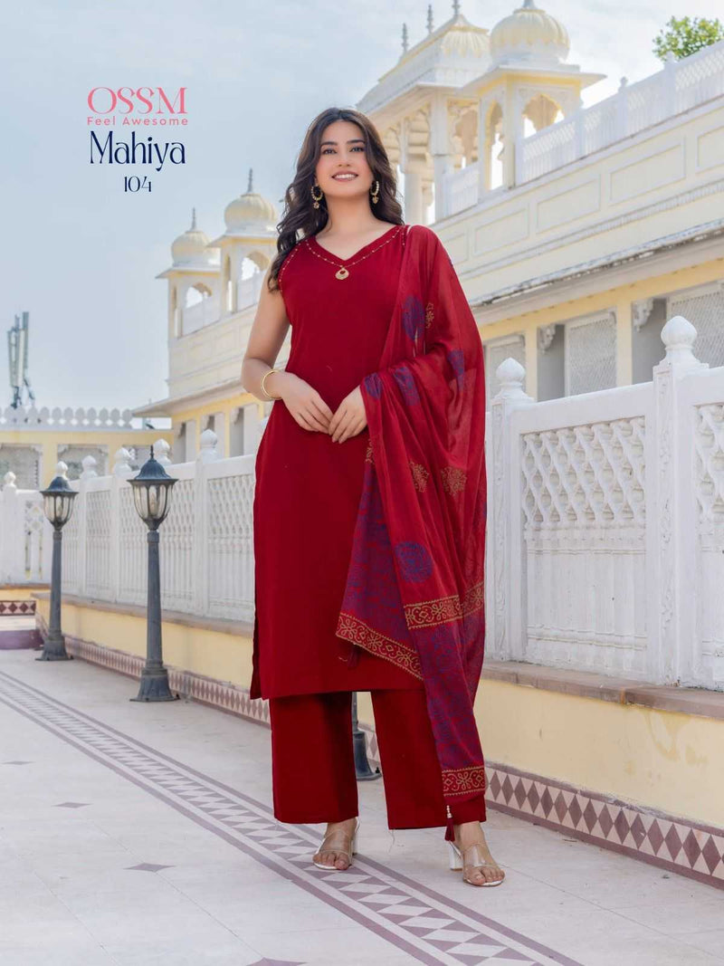 Ossm Mahiya Cotton Manual Work Casual Wear Beautiful Kurti Pant Dupatta Set