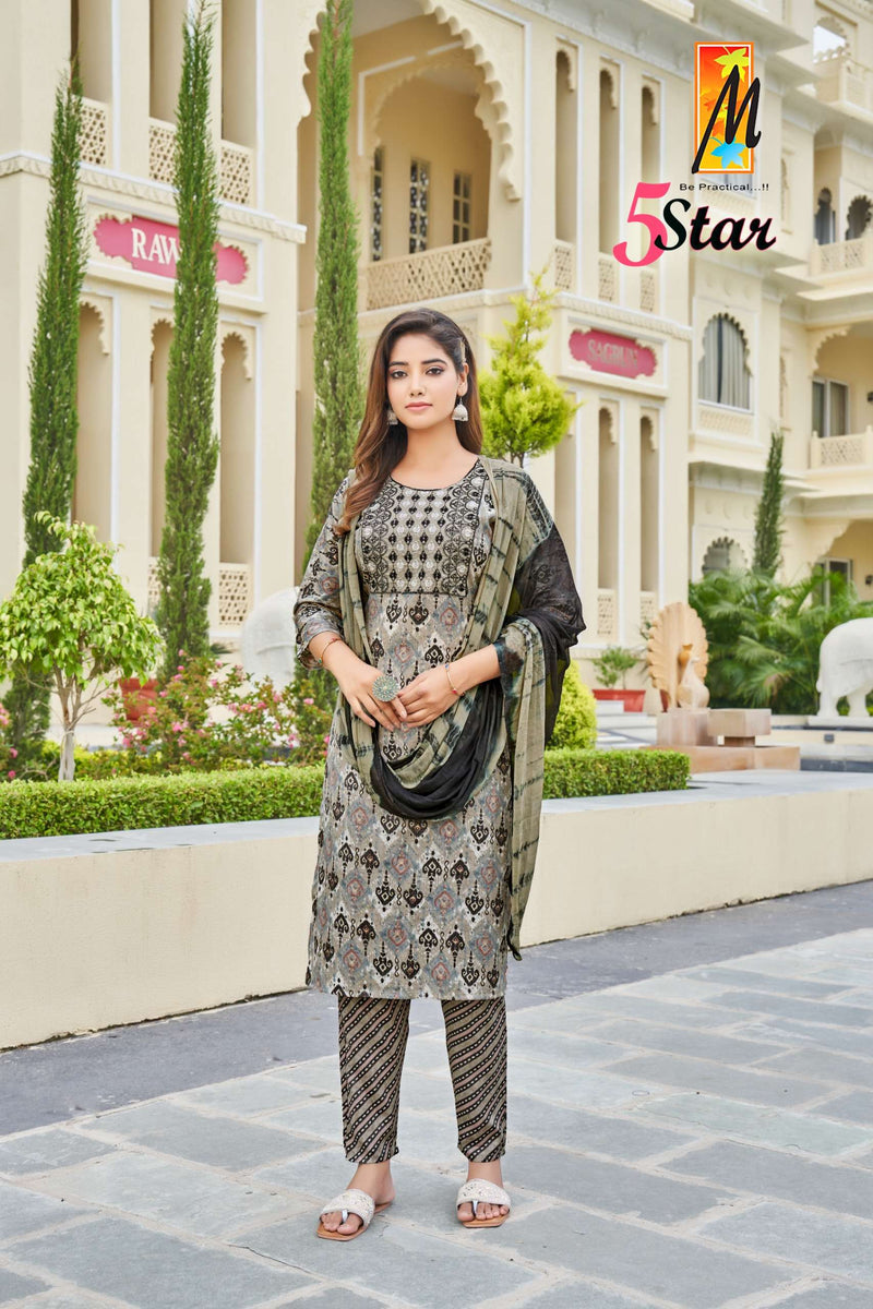 Master 5 Star Capsule Foil Print With Embroidery Sequence Work Kurti Pant Dupatta Set