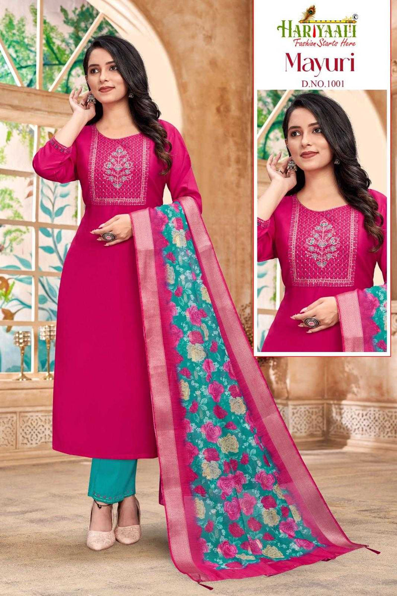 Hariyaali Mayuri Silk Beautiful Embroidery Work Casual Wear Kurti Pant Dupatta Set