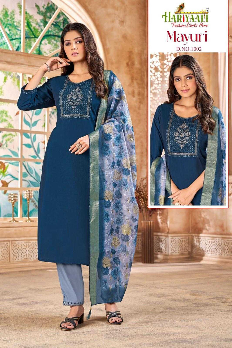 Hariyaali Mayuri Silk Beautiful Embroidery Work Casual Wear Kurti Pant Dupatta Set