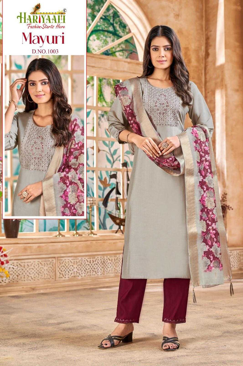 Hariyaali Mayuri Silk Beautiful Embroidery Work Casual Wear Kurti Pant Dupatta Set