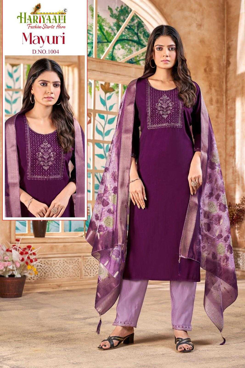 Hariyaali Mayuri Silk Beautiful Embroidery Work Casual Wear Kurti Pant Dupatta Set