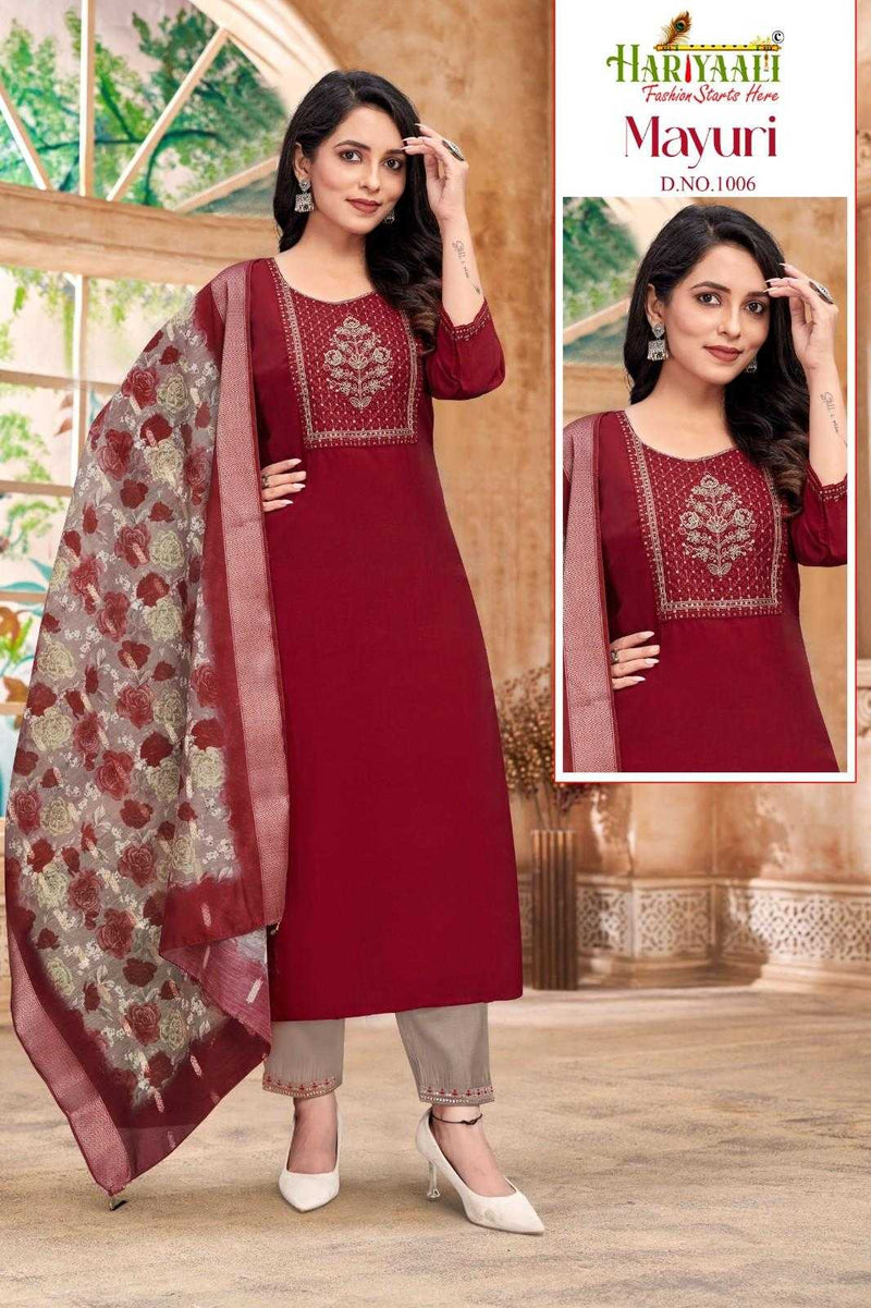 Hariyaali Mayuri Silk Beautiful Embroidery Work Casual Wear Kurti Pant Dupatta Set