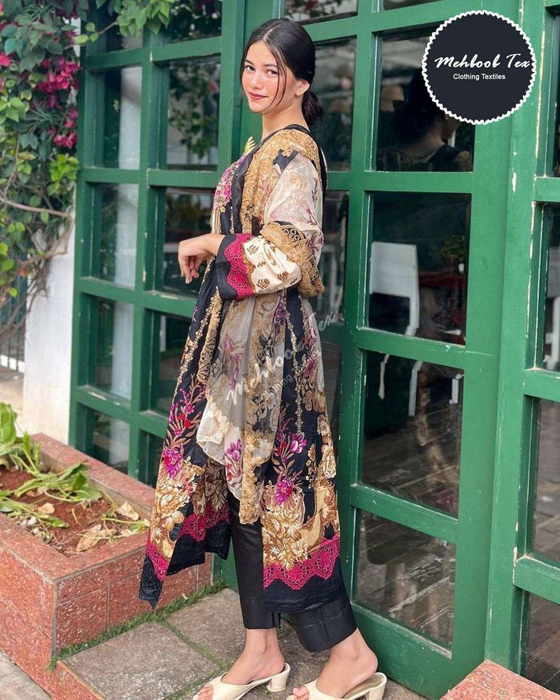 Mehboob Tex Sana Safinz Neddel Design No 1091 Lawn Cotton Heavy Embroidery Suit