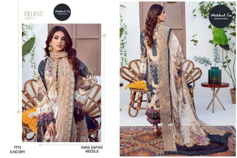 Mehboob Tex Sana Safinz Neddel Design No 1091 Lawn Cotton Heavy Embroidery Suit