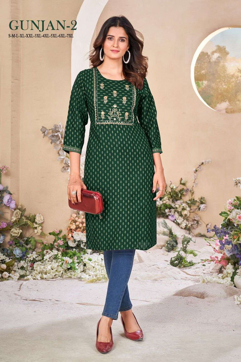 Mf Gunjan Vol 2 Rayon Fabric Gold Khadi Print Embroidery Work Daily Wear Kurti