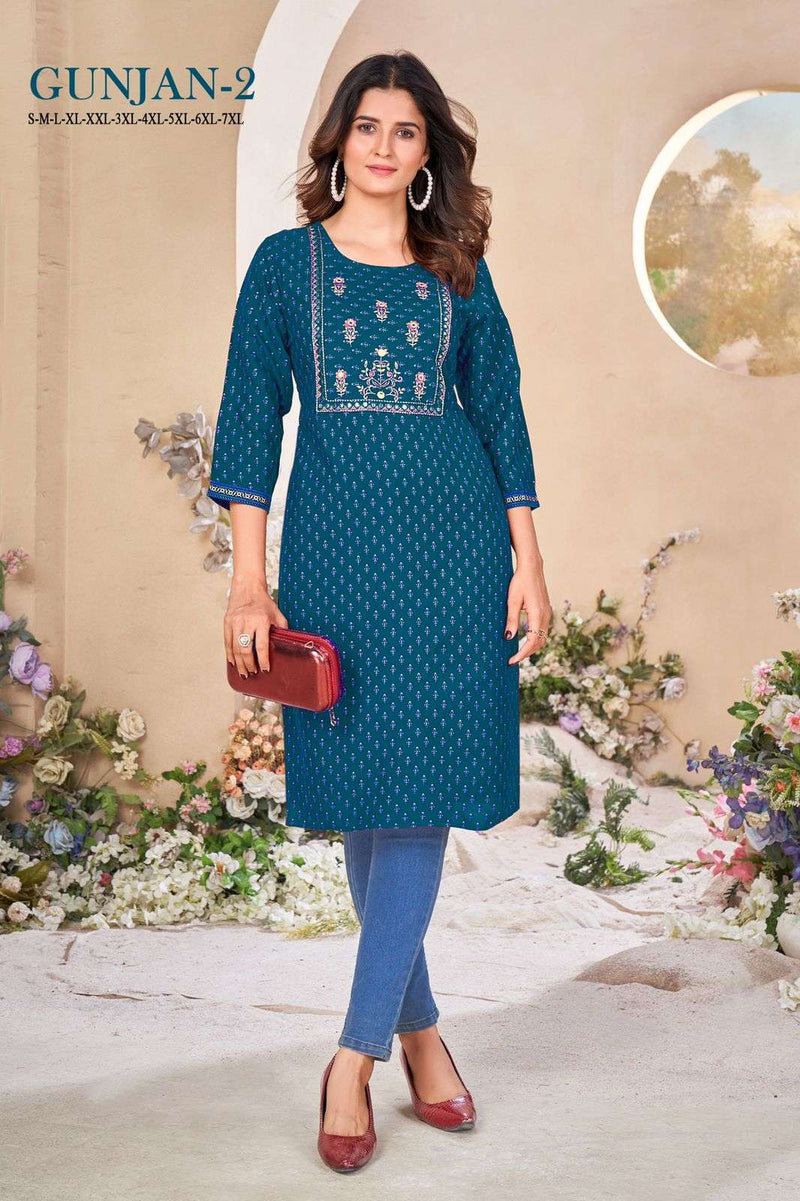 Mf Gunjan Vol 2 Rayon Fabric Gold Khadi Print Embroidery Work Daily Wear Kurti