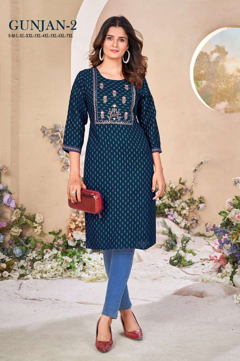 Mf Gunjan Vol 2 Rayon Fabric Gold Khadi Print Embroidery Work Daily Wear Kurti