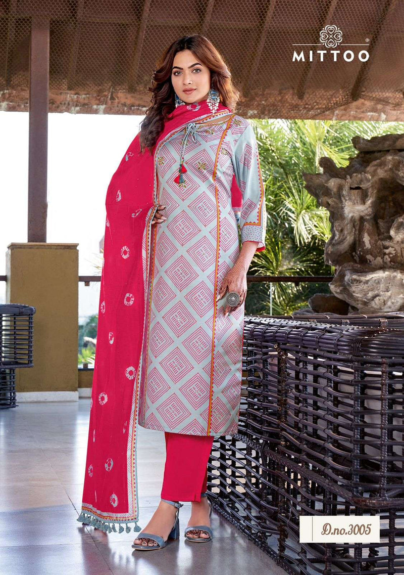 Mittoo Glamour Style Muslin Weaving Print Beautiful Casual Wear Kurti Pant Dupatta Set