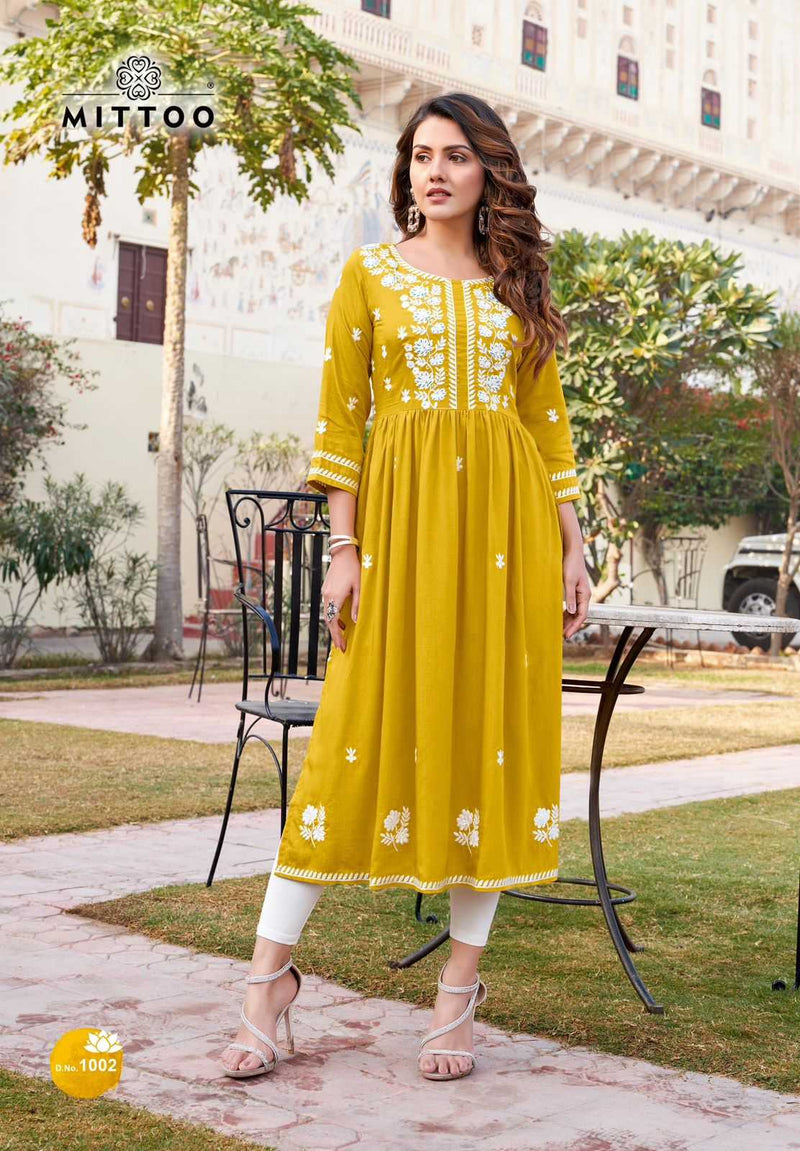 Mittoo Paaneri Rayon Slub Embroidery & Handwork Casual Wear Kurti