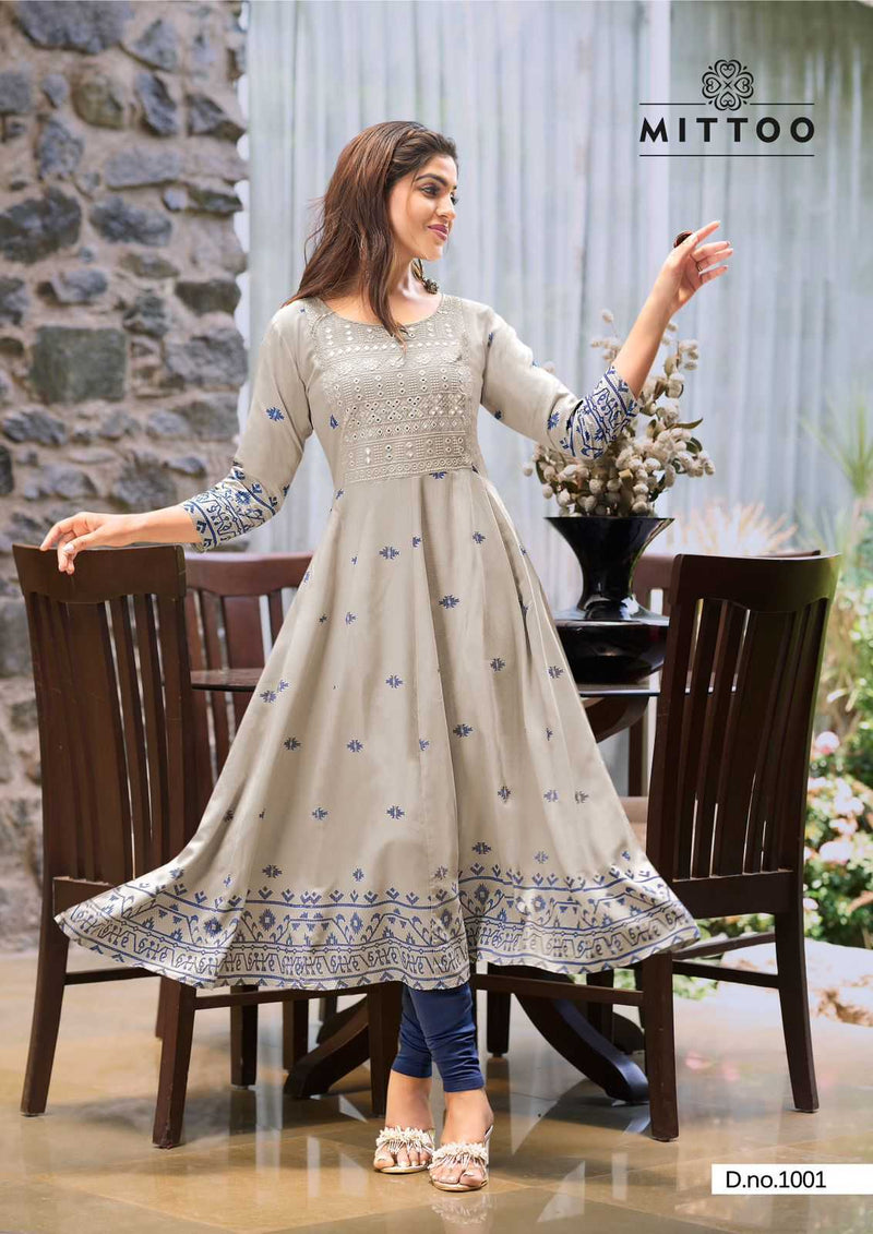 Mittoo Alisha Rayon Print With Work Casual Wear Long Kurti