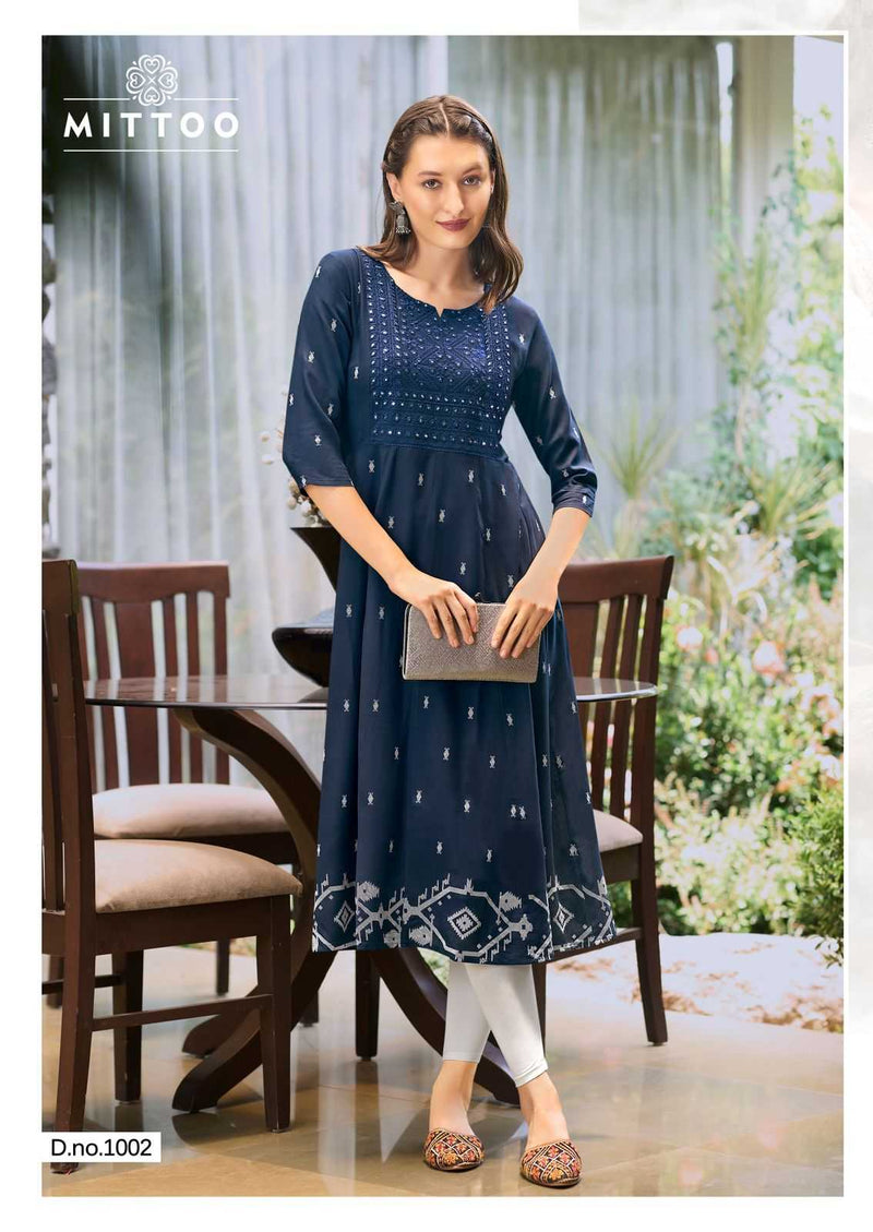 Mittoo Alisha Rayon Print With Work Casual Wear Long Kurti