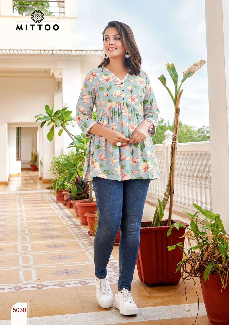 Mittoo Victoria Vol 6 Rayon Print Fancy Daily Wear Top Collection