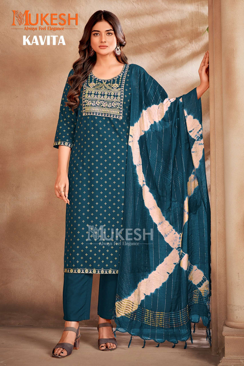 Mukesh Kavita Rayon Foil Print Heavy Embroidery Casual Wear Kurti Pant Dupatta Set