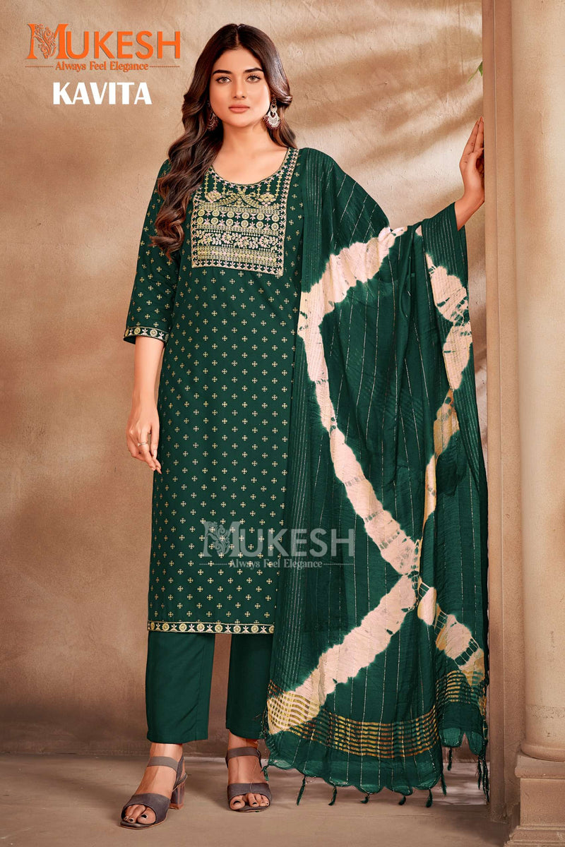 Mukesh Kavita Rayon Foil Print Heavy Embroidery Casual Wear Kurti Pant Dupatta Set