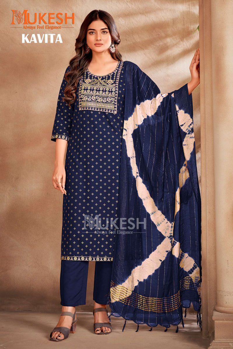 Mukesh Kavita Rayon Foil Print Heavy Embroidery Casual Wear Kurti Pant Dupatta Set