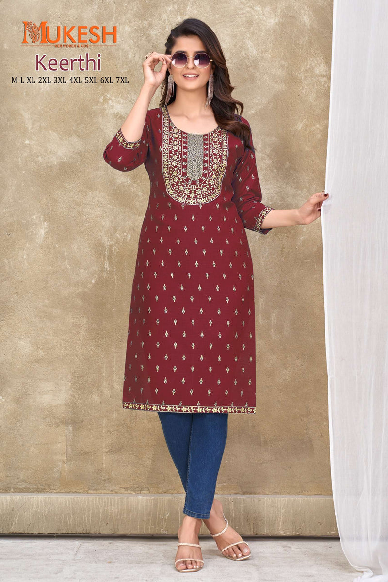 Mukesh Keerthi Embroidery Nack With Lace & Foil Print Straight Ladies Kurti