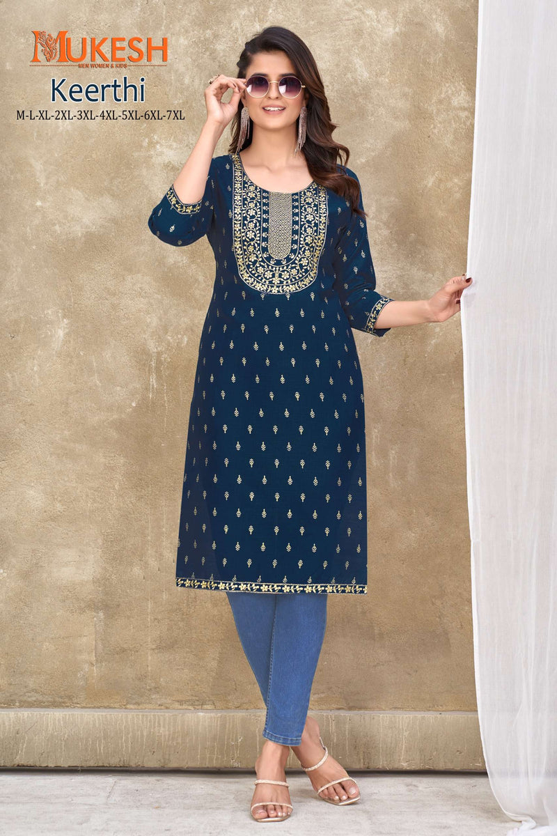 Mukesh Keerthi Embroidery Nack With Lace & Foil Print Straight Ladies Kurti