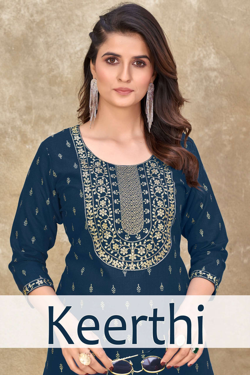 Mukesh Keerthi Embroidery Nack With Lace & Foil Print Straight Ladies Kurti