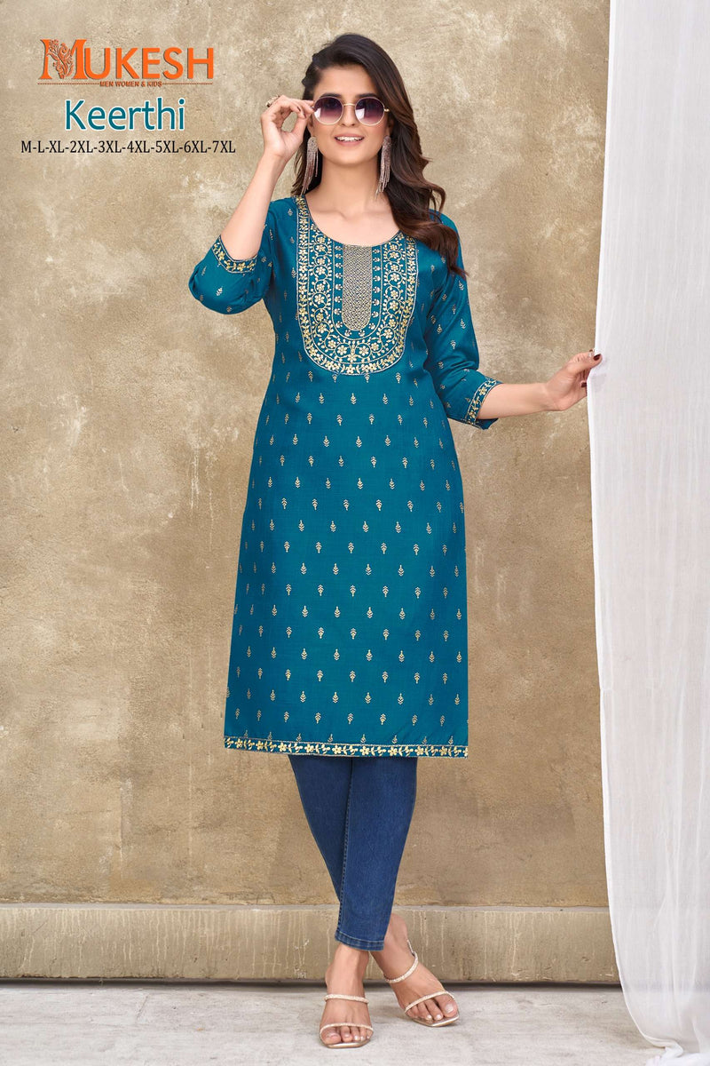 Mukesh Keerthi Embroidery Nack With Lace & Foil Print Straight Ladies Kurti