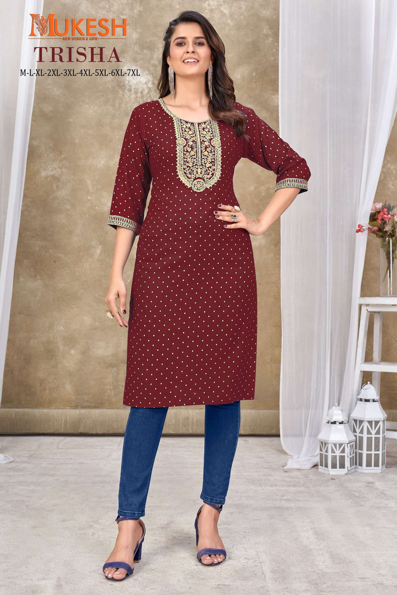 Mukesh Trisha Rayon Quarding Embroidery With Sequence Daily Wear Kurti