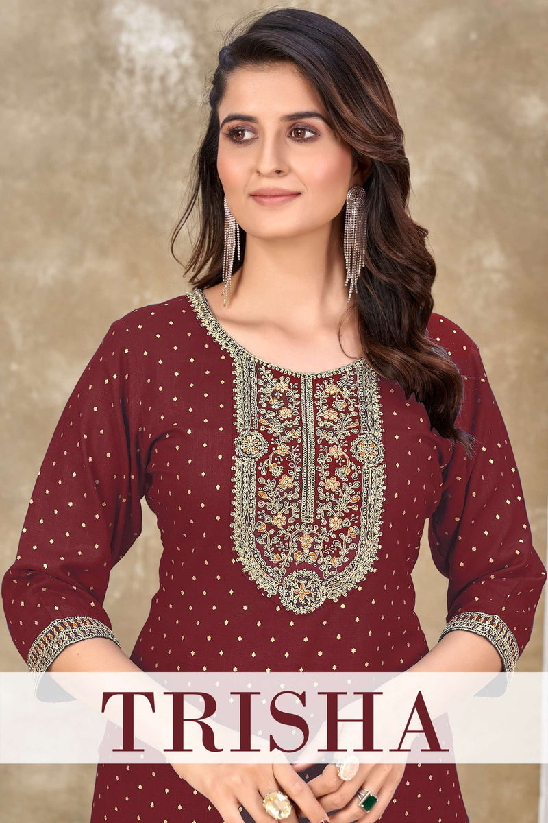 Mukesh Trisha Rayon Quarding Embroidery With Sequence Daily Wear Kurti