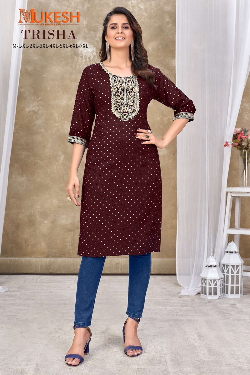 Mukesh Trisha Rayon Quarding Embroidery With Sequence Daily Wear Kurti