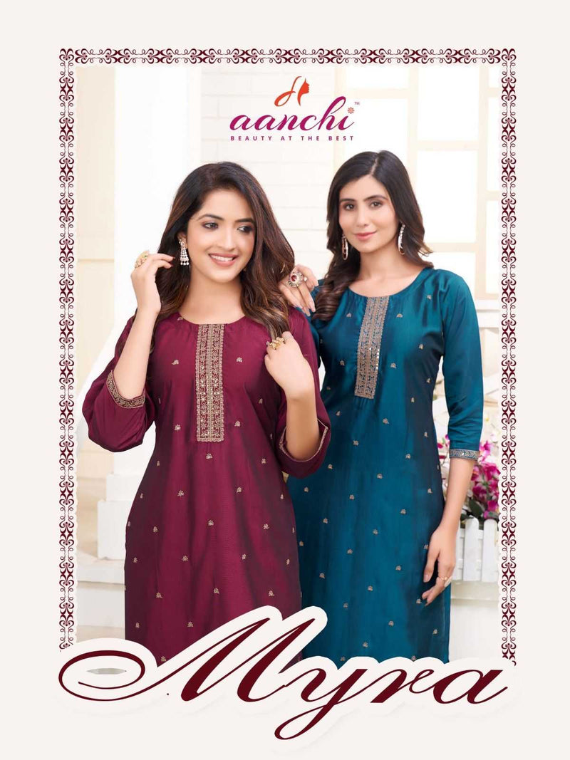 Aanchi Myra Rangeela Silk Straight Cut Fancy Embroidery Work Daily Wear Kurti