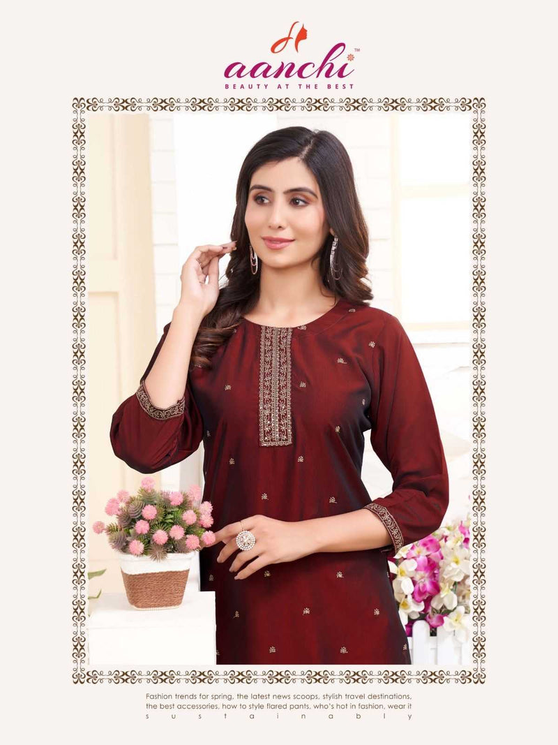 Aanchi Myra Rangeela Silk Straight Cut Fancy Embroidery Work Daily Wear Kurti