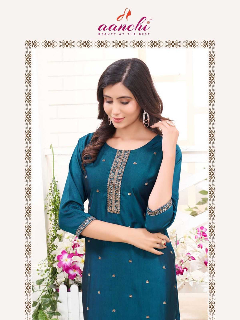 Aanchi Myra Rangeela Silk Straight Cut Fancy Embroidery Work Daily Wear Kurti