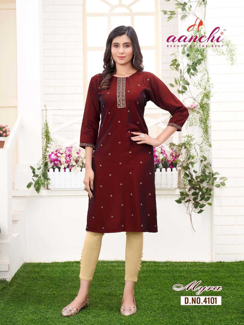 Aanchi Myra Rangeela Silk Straight Cut Fancy Embroidery Work Daily Wear Kurti