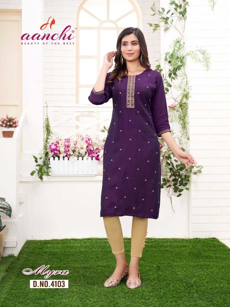 Aanchi Myra Rangeela Silk Straight Cut Fancy Embroidery Work Daily Wear Kurti