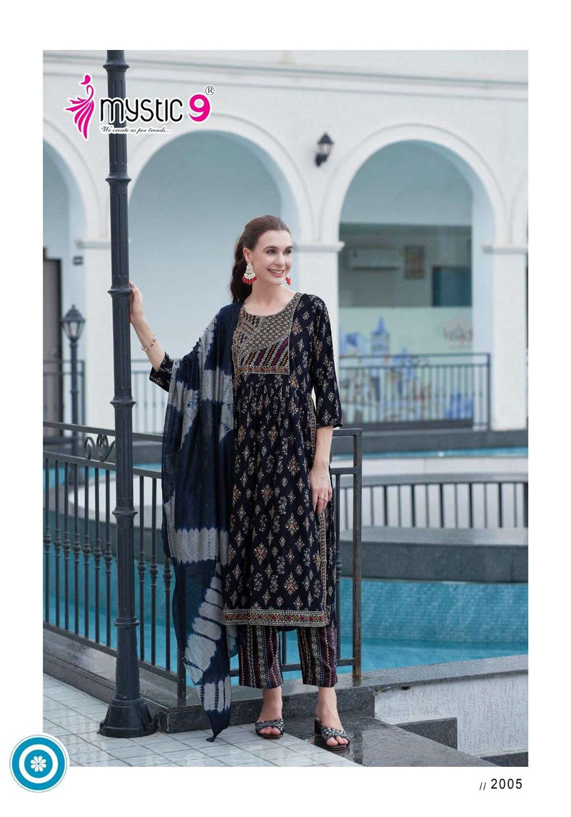 Mystic 9 Black Beauty Vol 2 Rayon Foil Print Nyra Cut Casual Wear Kurti Pant Dupatta Set