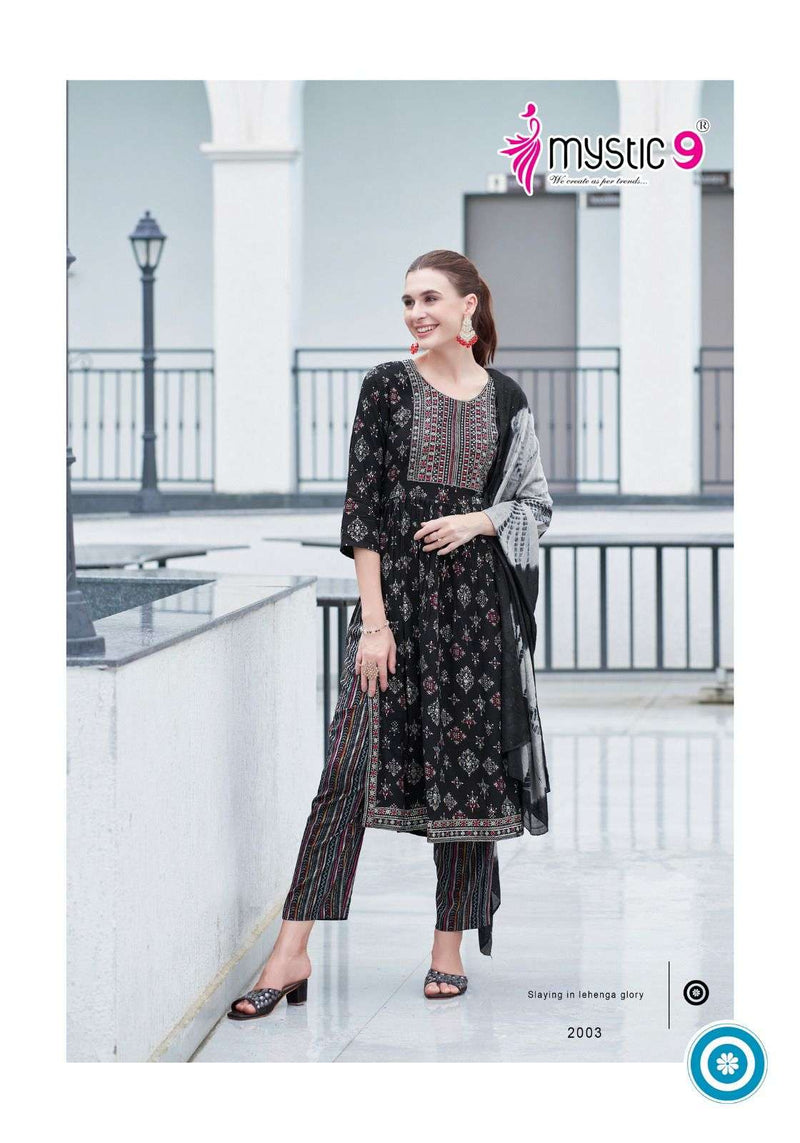 Mystic 9 Black Beauty Vol 2 Rayon Foil Print Nyra Cut Casual Wear Kurti Pant Dupatta Set