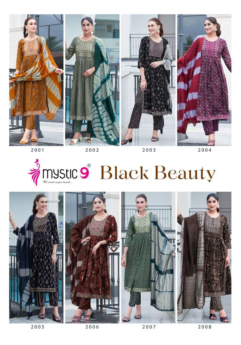 Mystic 9 Black Beauty Vol 2 Rayon Foil Print Nyra Cut Casual Wear Kurti Pant Dupatta Set